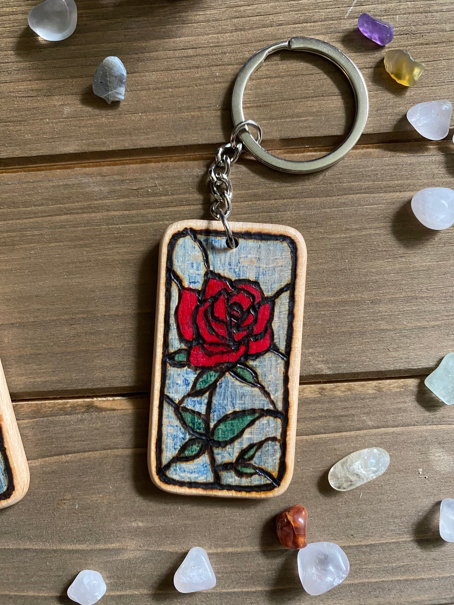 Wooden Keychain, Stained Glass Rose Design