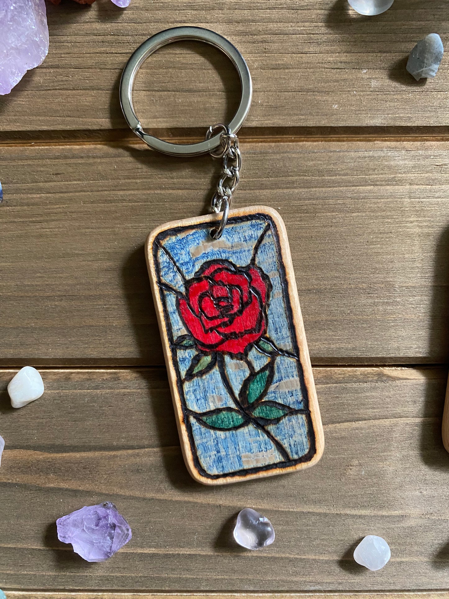 Wooden Keychain, Stained Glass Rose Design