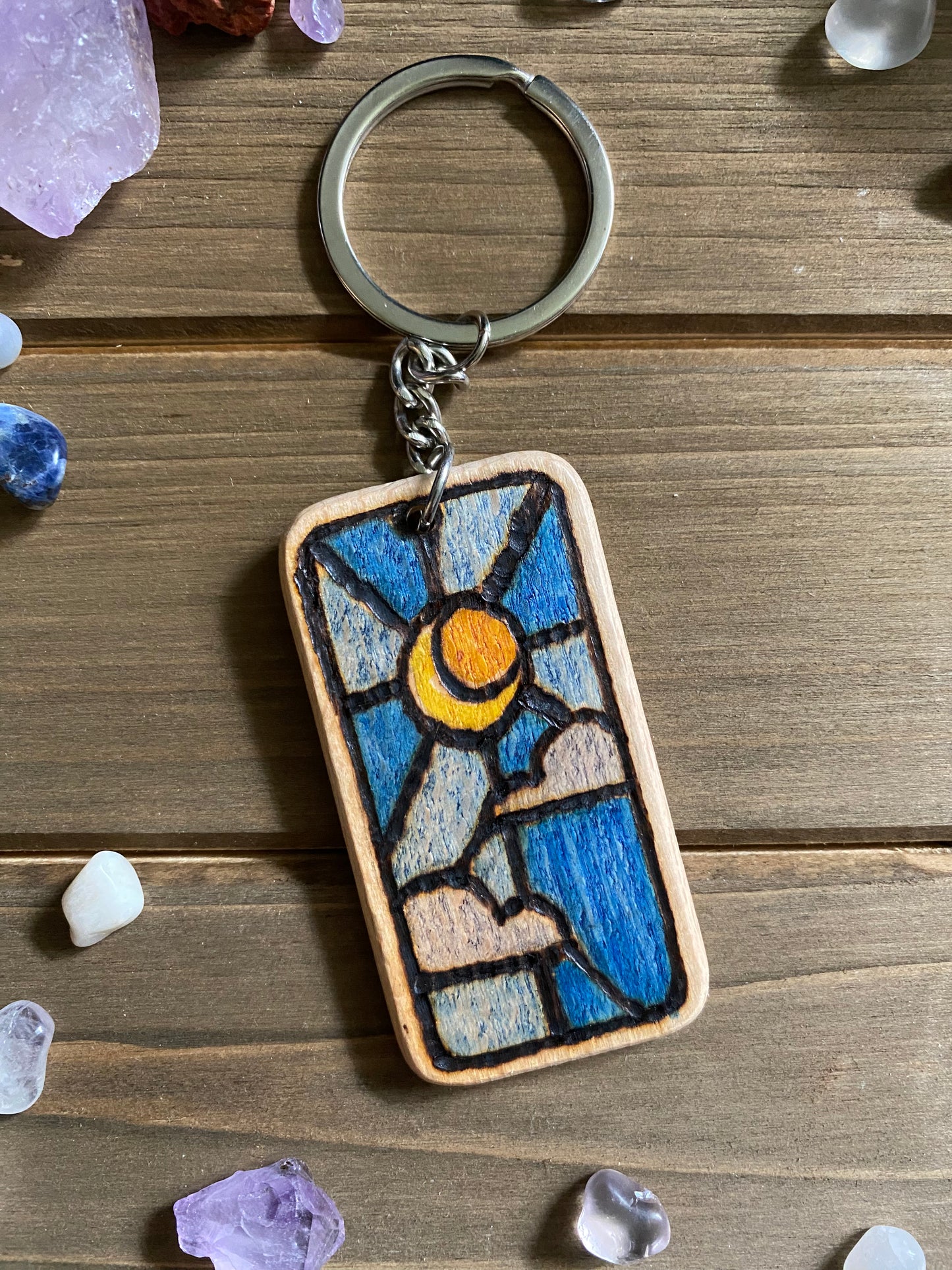 Wooden Keychain, Stained glass design, Sun and Moon