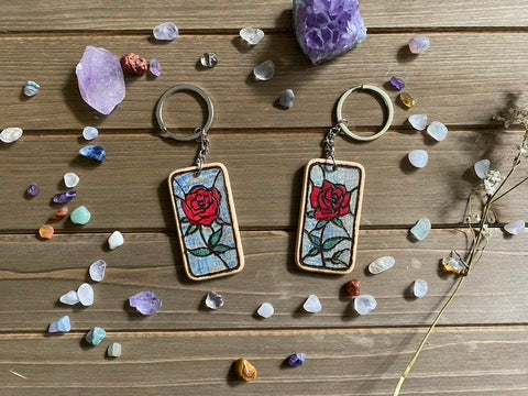 Wooden Keychain, Stained Glass Rose Design