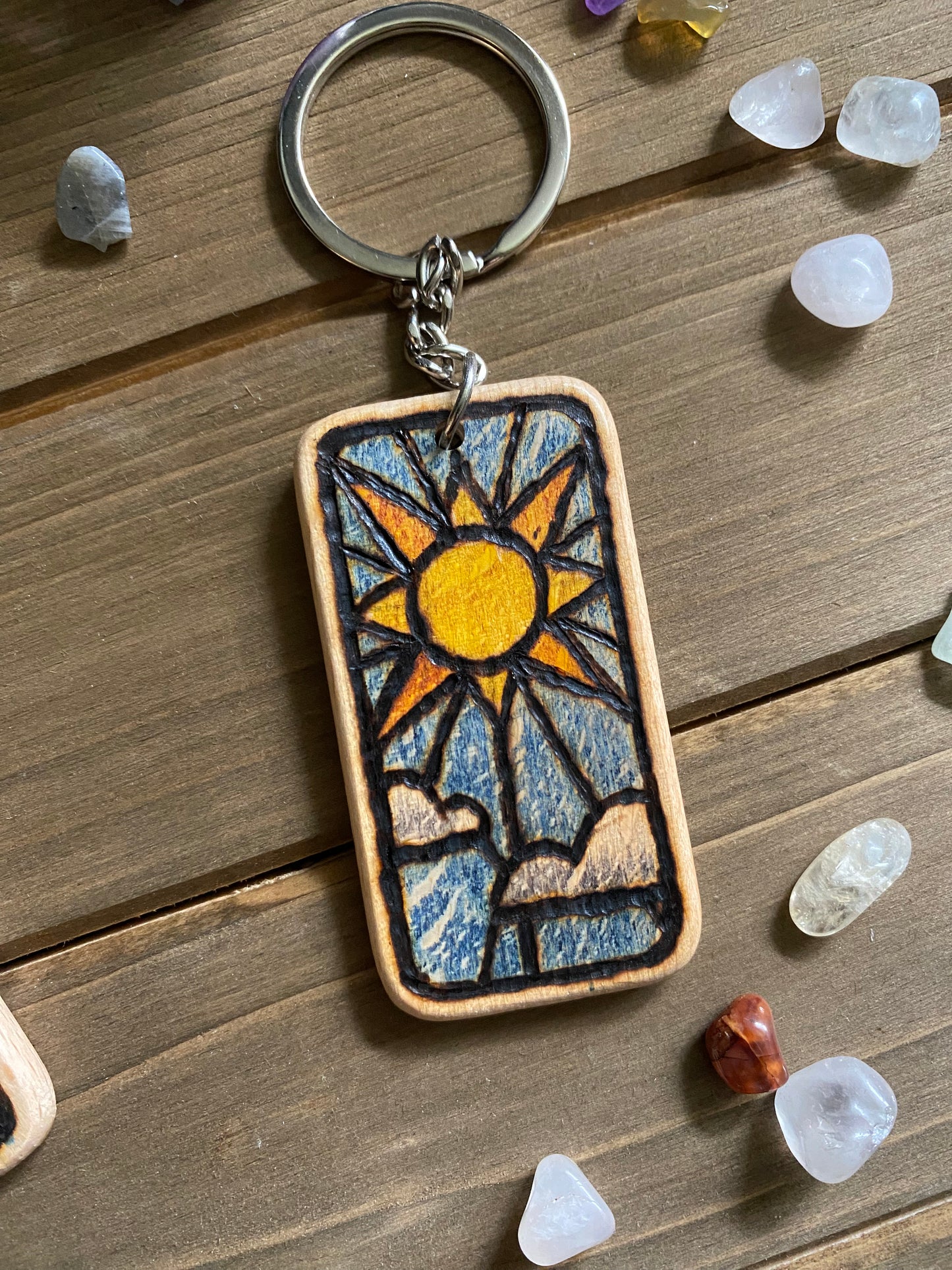 Wooden Keychain, Stained glass design, Sun and Moon