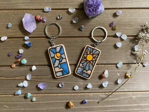 Wooden Keychain, Stained glass design, Sun and Moon