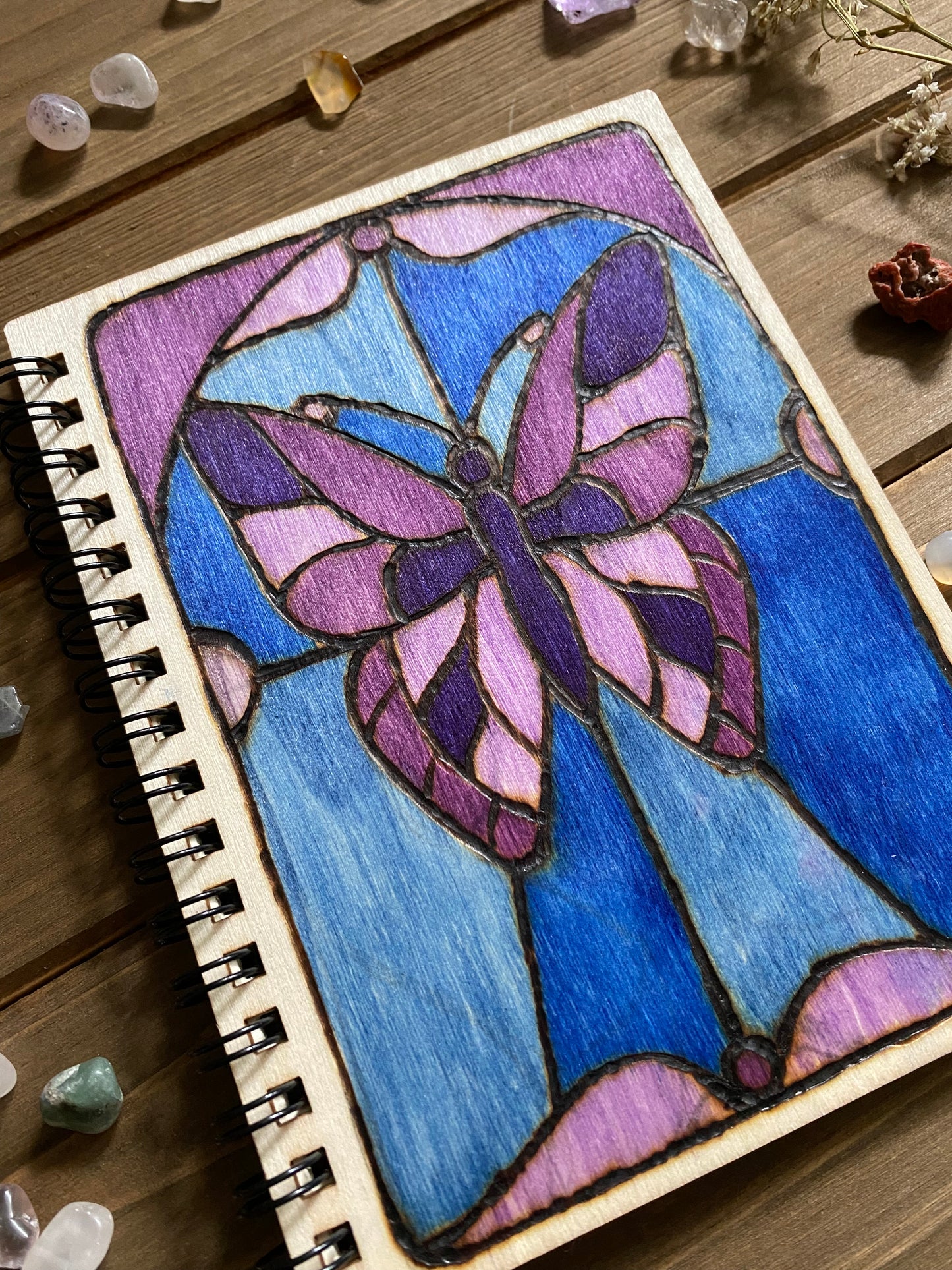 Small Wooden Notebook - Stained Glass Butterfly Design