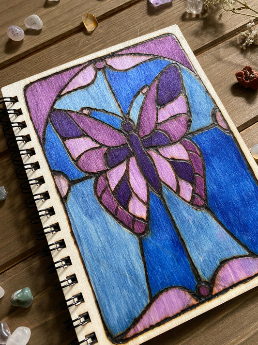 Small Wooden Notebook - Stained Glass Butterfly Design