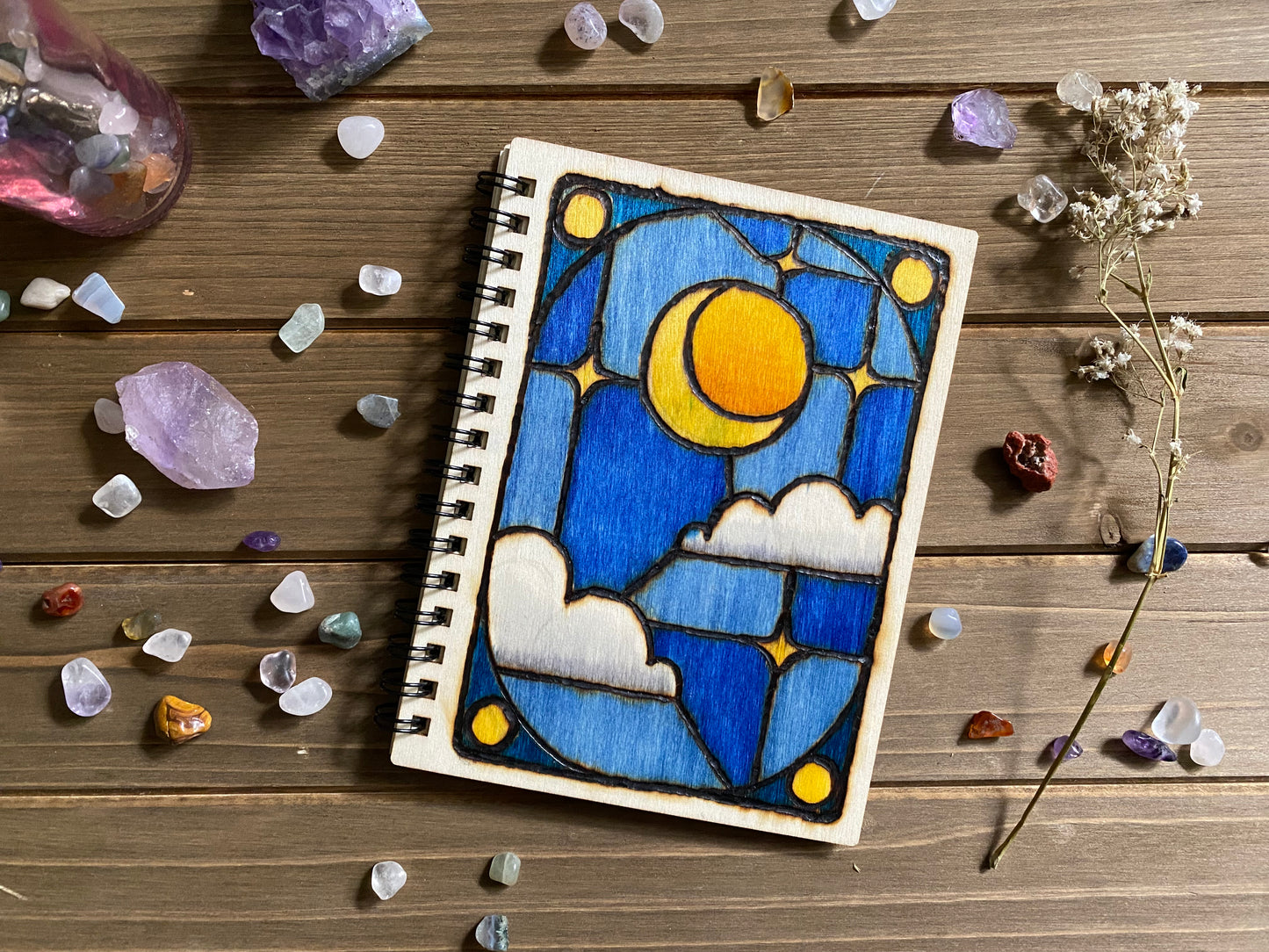 Small Wooden Notebook - Stained Glass Moon Design