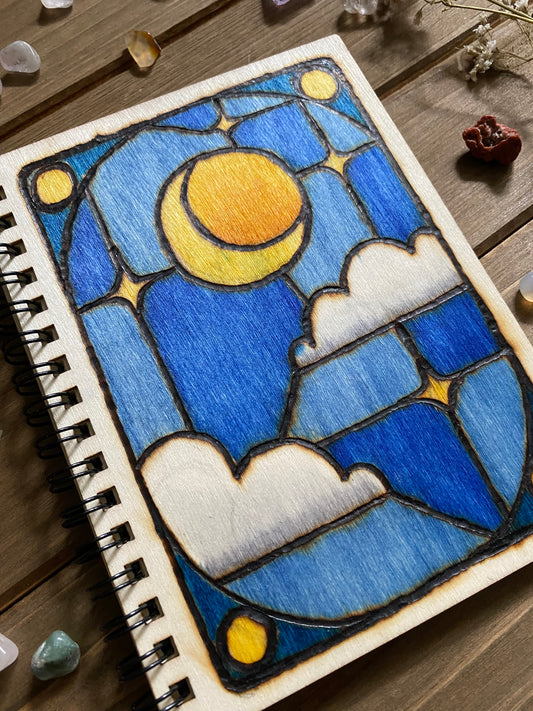 Small Wooden Notebook - Stained Glass Moon Design